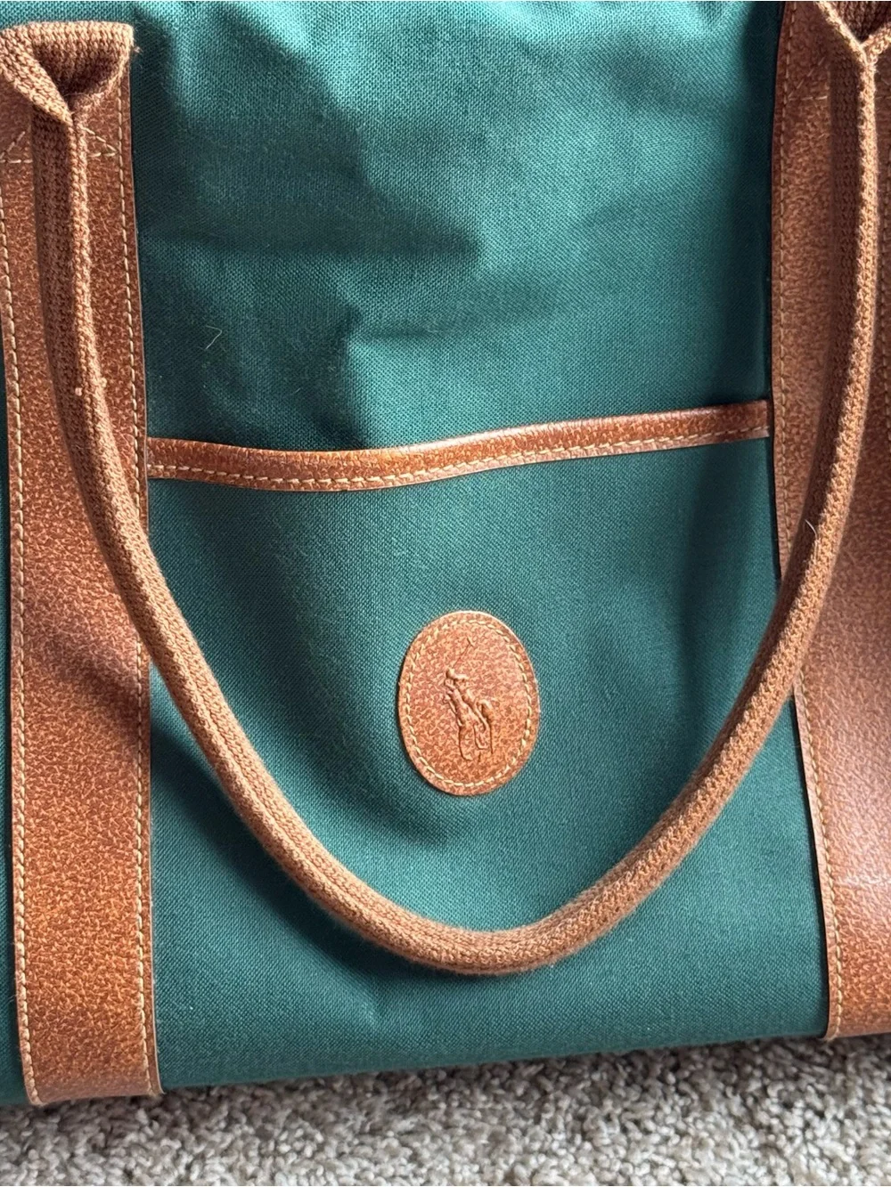 Polo Ralph Lauren Green Canvas Weekender Duffel Bag with Brown Trim